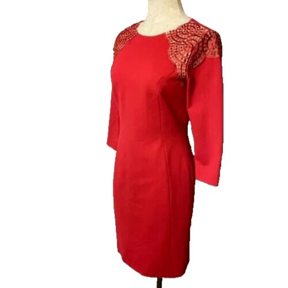 Antonio Melani Dress Red 6 Small Career Church Stretch 3/4 Long Sleeve Sheath - Picture 4 of 8